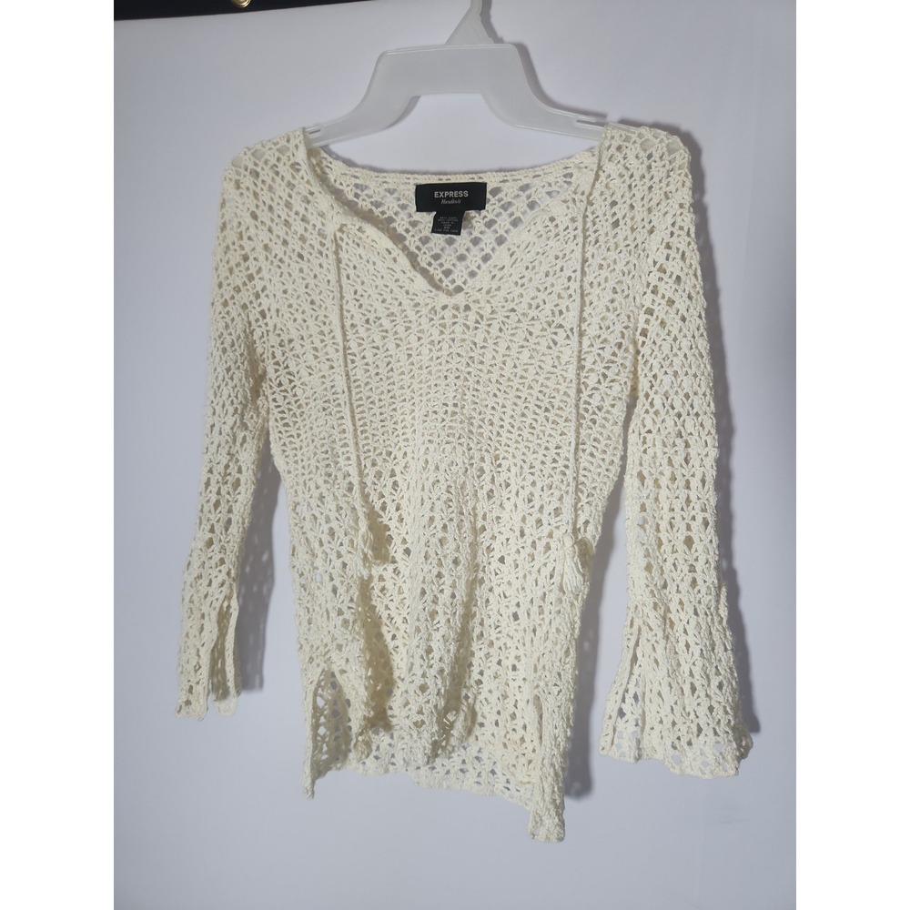 Vtg Express Handknit Cotton Linen Crochet 3/4 Sleeve Top, Women's XS
